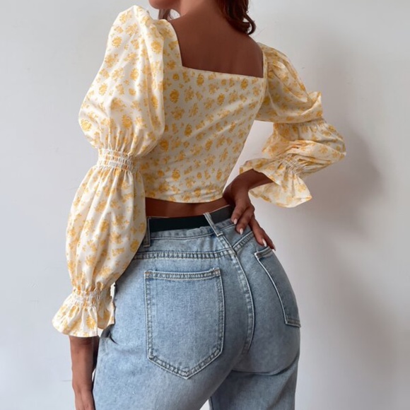 Boho Blue Floral Print Puff Sleeve Crop Top - Picture 8 of 8